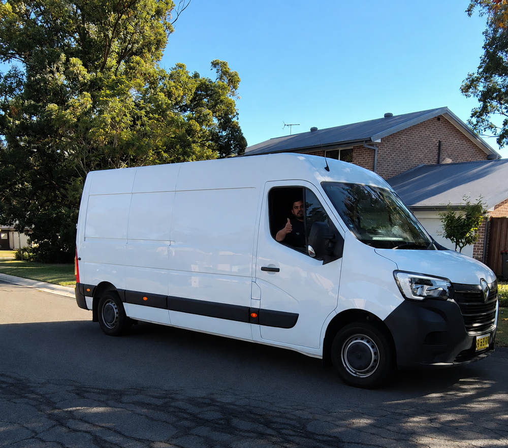 White van parked on a residential street with trees and houses in the background